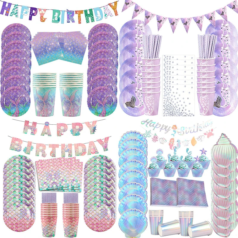 Mermaid Party Decorations Supplies Mermaid Disposable Plates Cup Napkins Set for Girls Baby Shower Mermaids Princess Birthday
