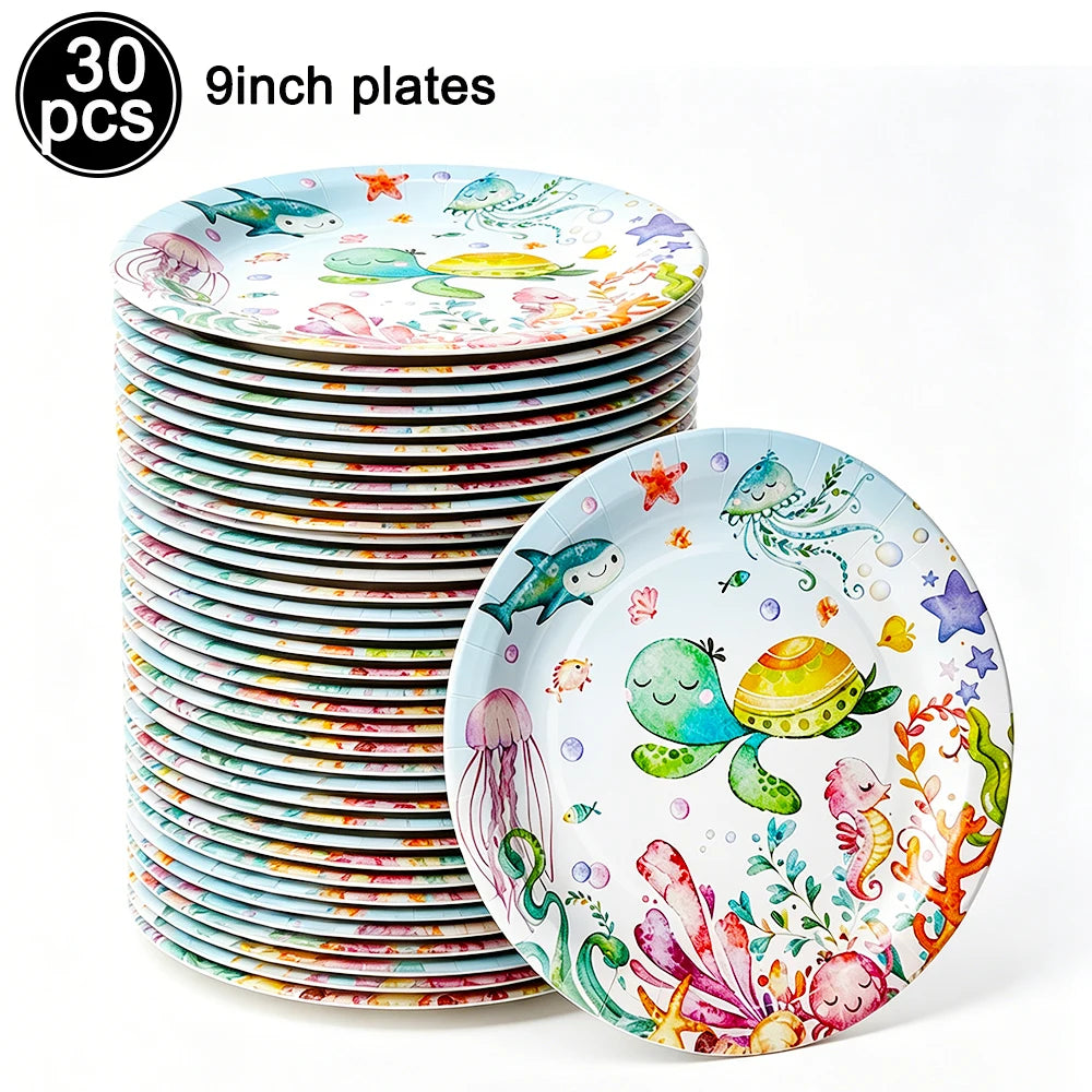 Sea Animal Theme Disposable Tableware Under The Sea Baby Shower Party Plates Napkins Cups Ocean Animals Birthday Party Supplies
