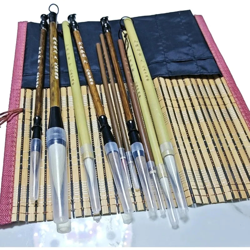 10-Piece Chinese Calligraphy Brush Set - Premium Writing Brushes for Beginners & Artists - with Roll-up Bamboo Brush Holder,
