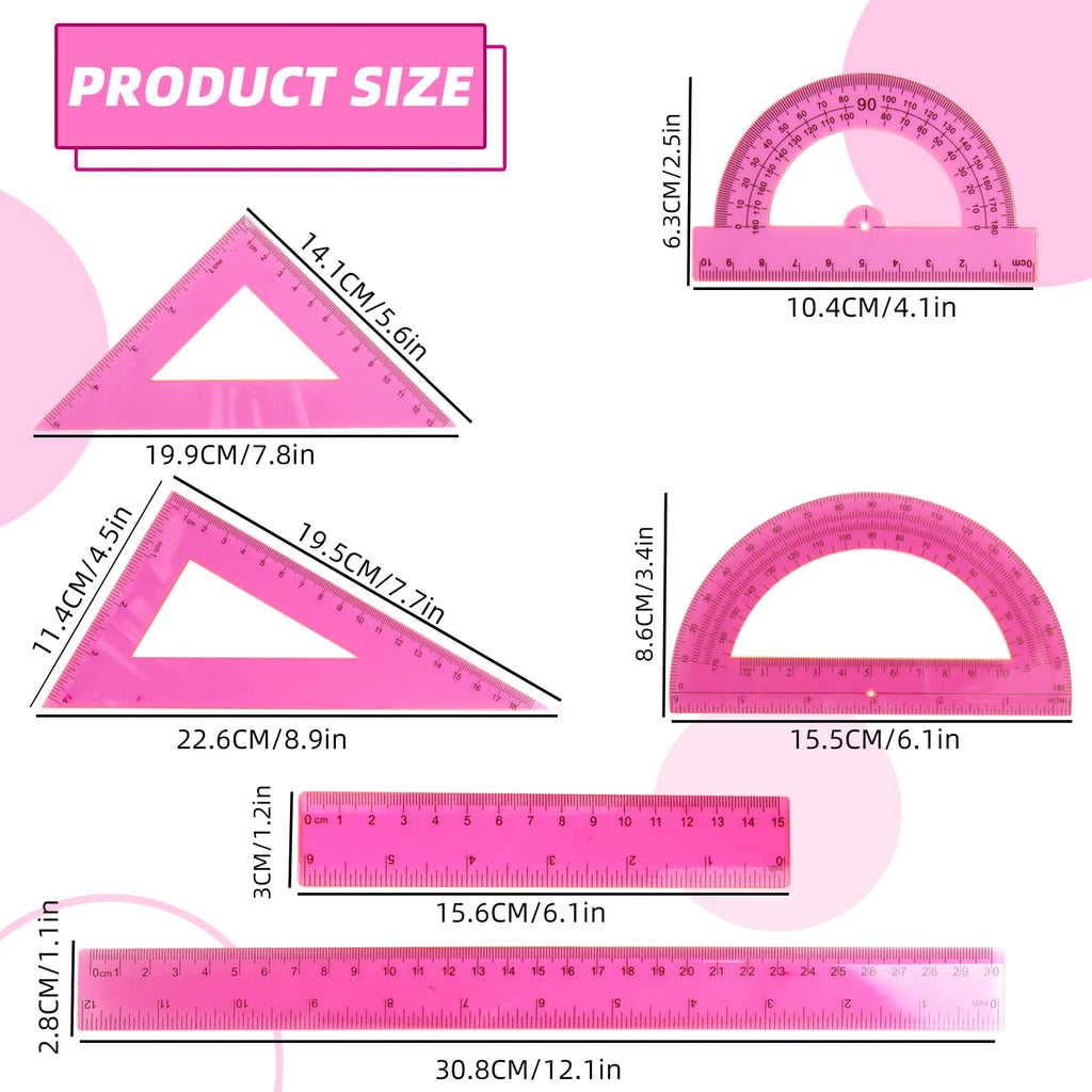 30cm Ruler Set - 6-Piece Measuring and Drawing Kit with Straight Ruler, Protractor, and Triangle Set