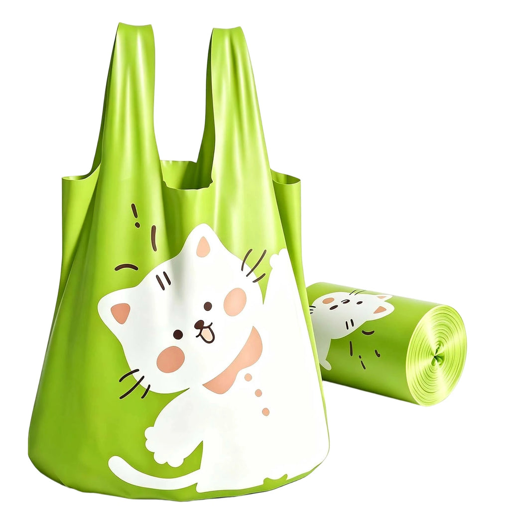 10/60pcs Cute Cat-printed Green Portable Thickened Garbage Bags Household Disposable Trash Bags Bathroom Kitchen Accessories