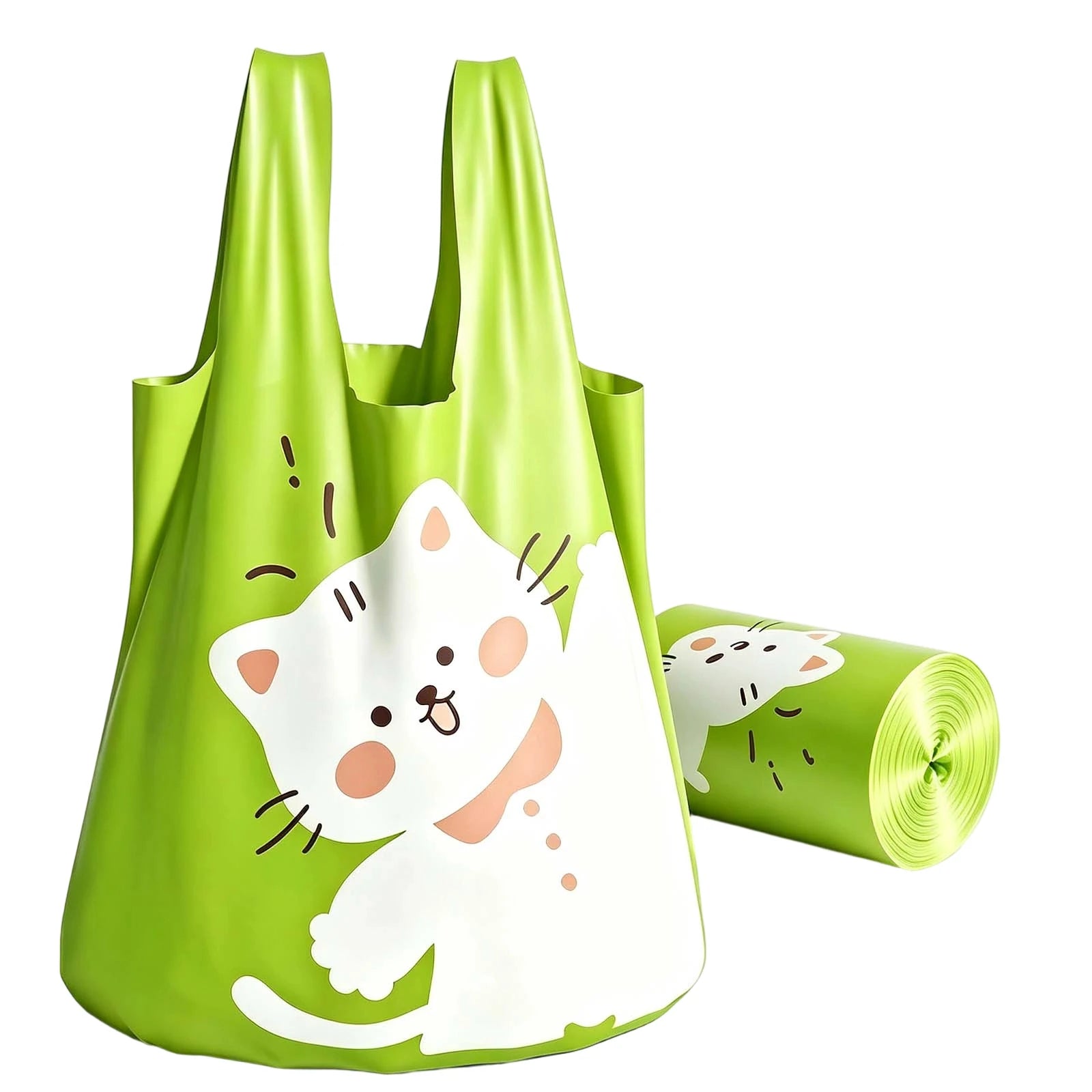10/60pcs Cute Cat-printed Green Portable Thickened Garbage Bags Household Disposable Trash Bags Bathroom Kitchen Accessories