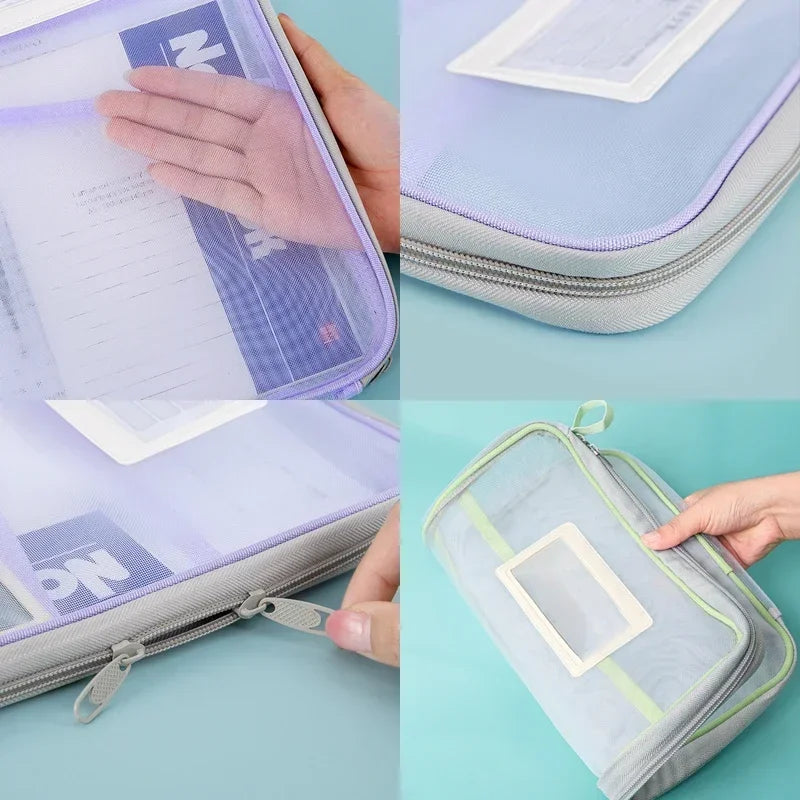 A4 Stationery Storage Bag Double-layer Mesh Zipper Bag Large Capacity Organizer Folders School Office Supplies Toy Storage