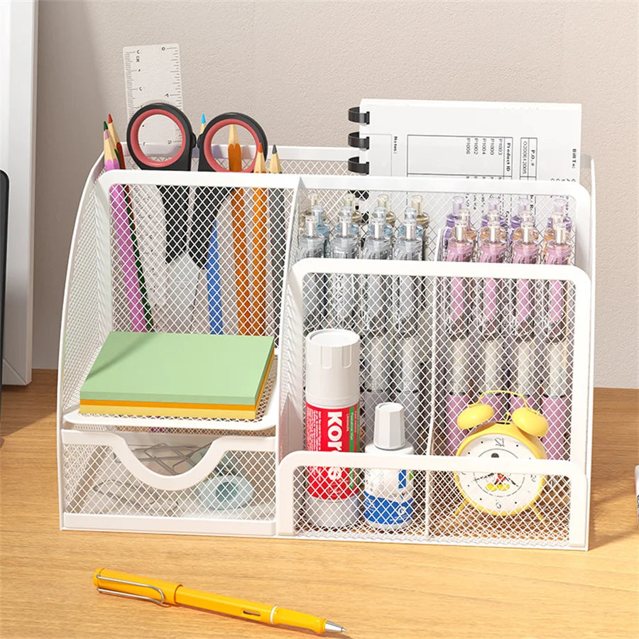 Desk Stationery Organizer Creative Metal Pen Holder Pencil File Storage Rack 7 Grid Storage Box Divided Container Office Access