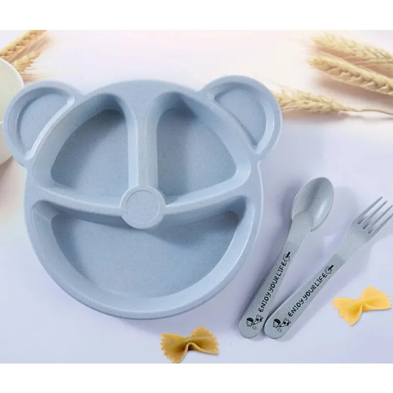 3Pcs/set Wheat Straw Baby Dishes Cartoon Tableware Set Kids Dinner Platos Baby Feeding Plate Training Bowl Spoon Fork Tableware