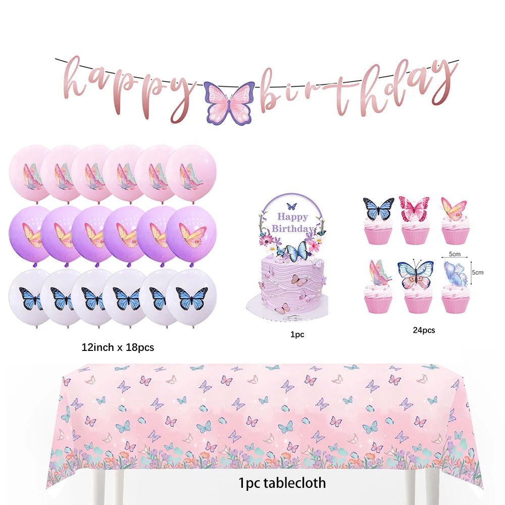 Butterfly Girls Birthday Party Disposable Tableware Fairy Pink Paper Plates Cups Napkin Tablecloth Birthday Party Decorations