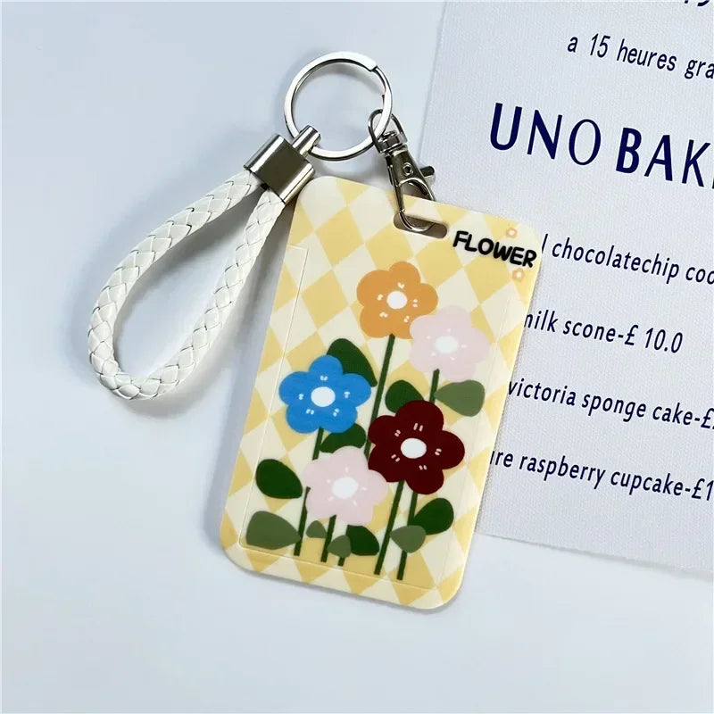 1Pc Solid Color Student Bus ID Card Protective Cover Keyring School Access Door Card Credit Card Holder Bag Set Key Chain