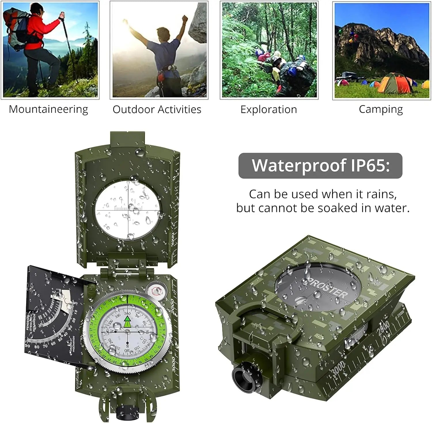 Proster IP65 Compass - Lensatic Sighting, with Clinometer & Carry Bag for Camping, Hiking, Geology