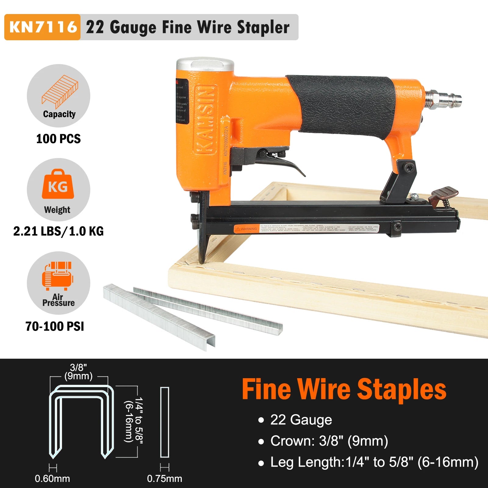 KAMSIN 7116 Nail Gun 22 Gauge Pneumatic Upholstery Stapler 71 Series Staples Fine Wire Stapler for Furniture and Fabric