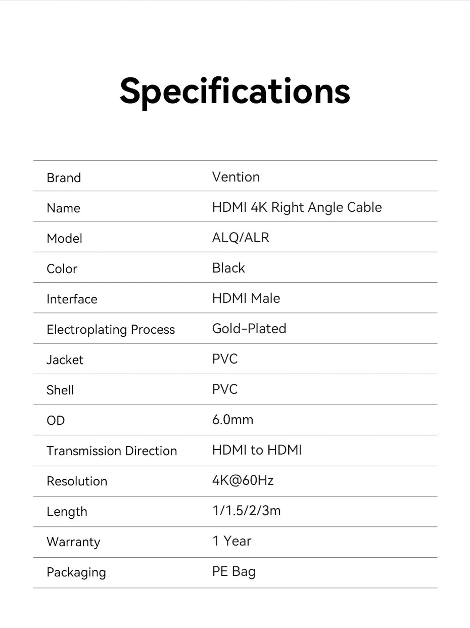 Vention 90° Angled HDMI 2.0 Cable 4K60Hz Ultra HD High-Speed Cord for Xiaomi TV Monitor Laptop PS5 Xbox PC HDR Video HDMI Cable