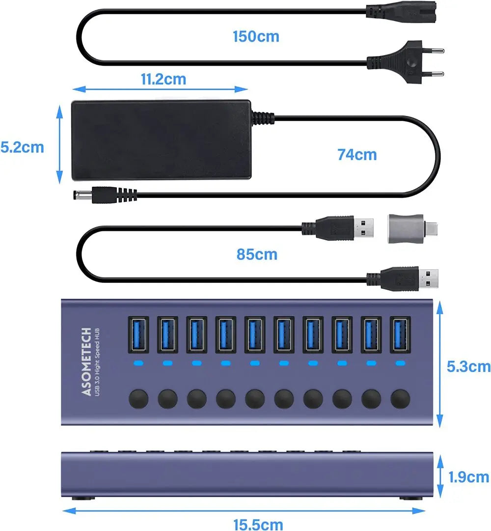 4/7/10 Ports USB 3.0 Hub Multiple Splitter 12V Power Adapter with On/off Switch USB Splitter High Speed Hub for MacBook Laptop