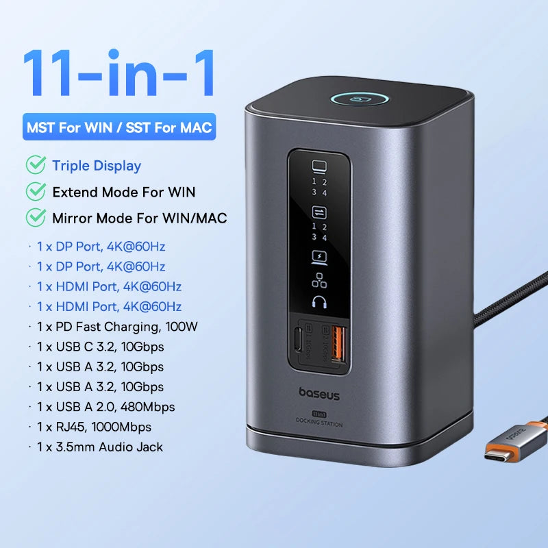 Baseus 11-IN-1 USB C HUB HDMI DP 4K@60Hz MST Triple Display USB 3.2 Splitter with RJ45 3.5mm Mic PD100W Magnetic Docking Station