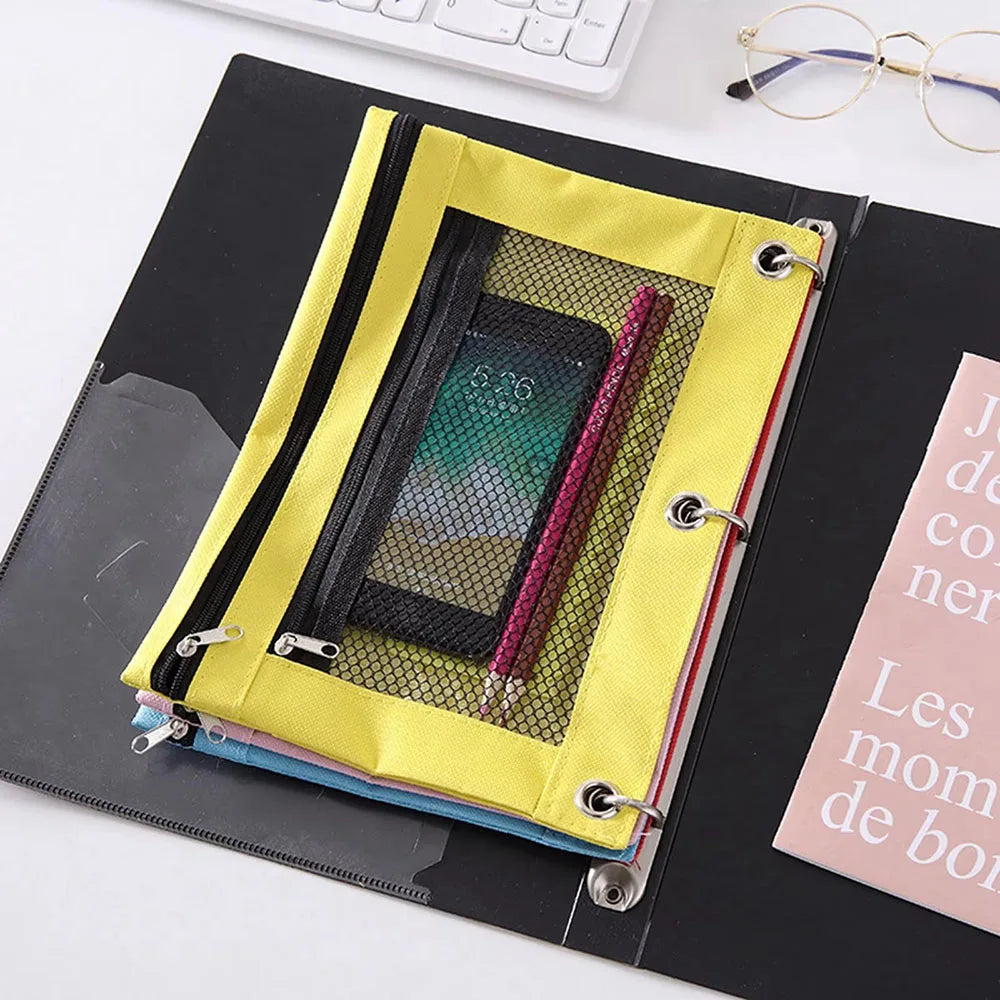 Double Zipper Pen Bag 3 Rings Binders Pencil Case File Bag Pencil Box For Erasers Rulers Markers Storage