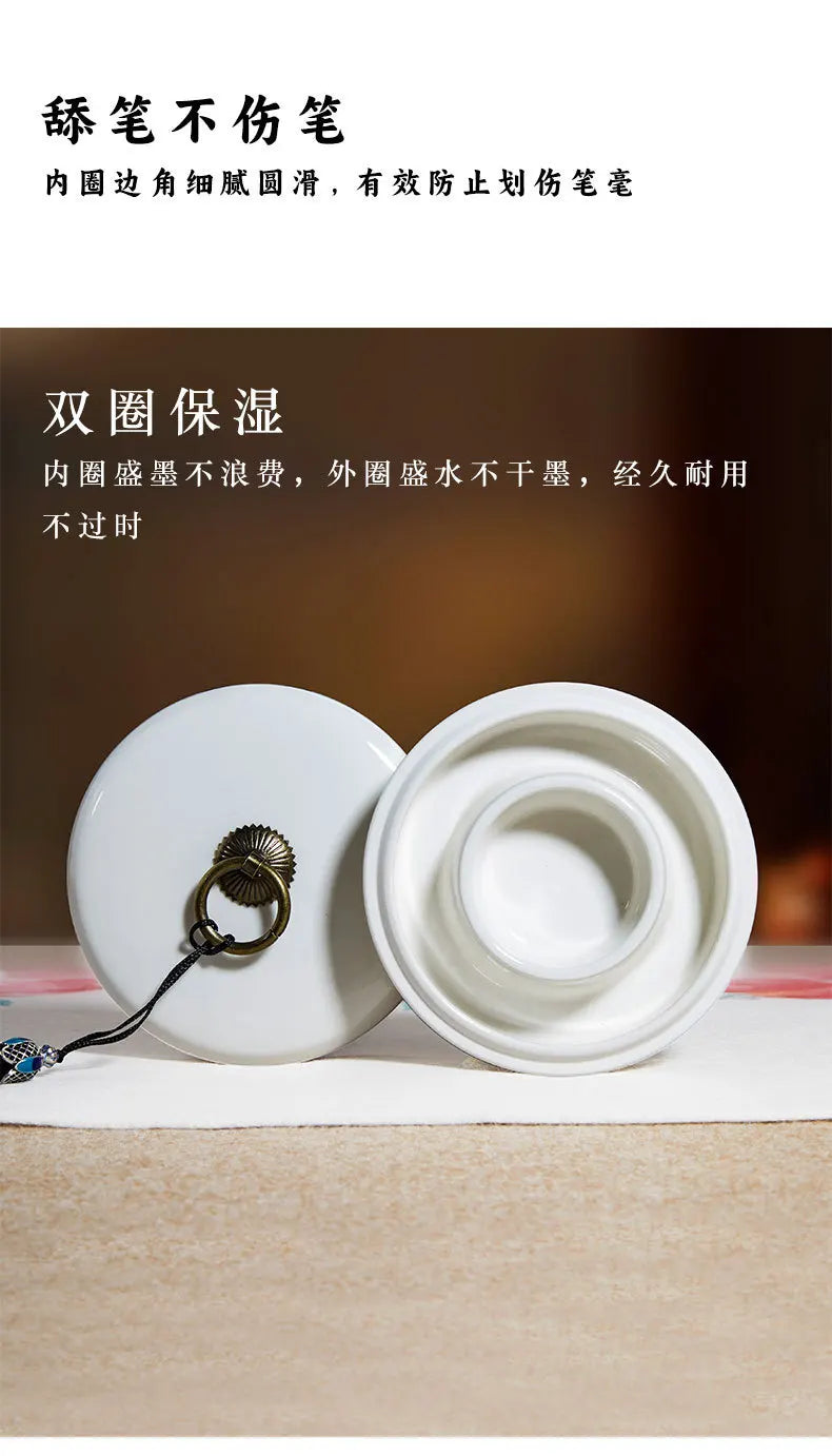 Medium Size Ceramic Ink Stone with Lid, Double Ring Moisturizing Anti-dry Ink Pot for Calligraphy Lovers Learning