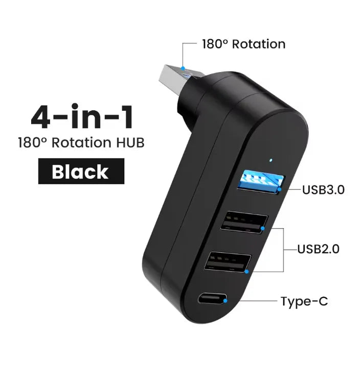 4-Port USB 3.0 Hub [90°, 180° Rotatable], USB Splitter, 3 USB Ports and 1 USB C Power/Data Port, USB Extender for Laptops, Cars,