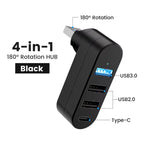 4-Port USB 3.0 Hub [90°, 180° Rotatable], USB Splitter, 3 USB Ports and 1 USB C Power/Data Port, USB Extender for Laptops, Cars,