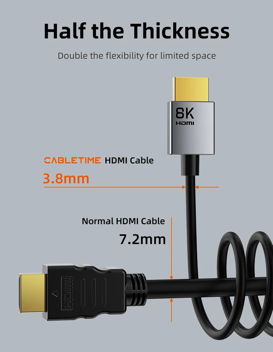 CABLETIME 8K Slim HDMI 2.1 Cable HDMI to HDMI Cable 8K@60Hz 4K@120Hz Ultra HD Resolution 3.8mm Width for Laptop Lenovo Dell