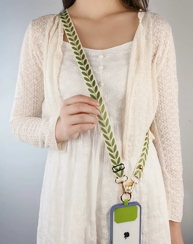 Adjustable Crossbody Long Mobile Phone Lanyard Wide Cloth Neckband Strap Rope Women's Pearl Hanging Ornaments Anti-Lost Lanyard