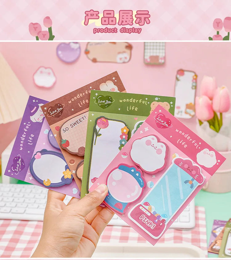 Kawaii Cartoon Strawberry Rabbit Bear Sticky Notes Memo Pad Cute Message N Times Sticky Office Stationery Supply Journal Planner