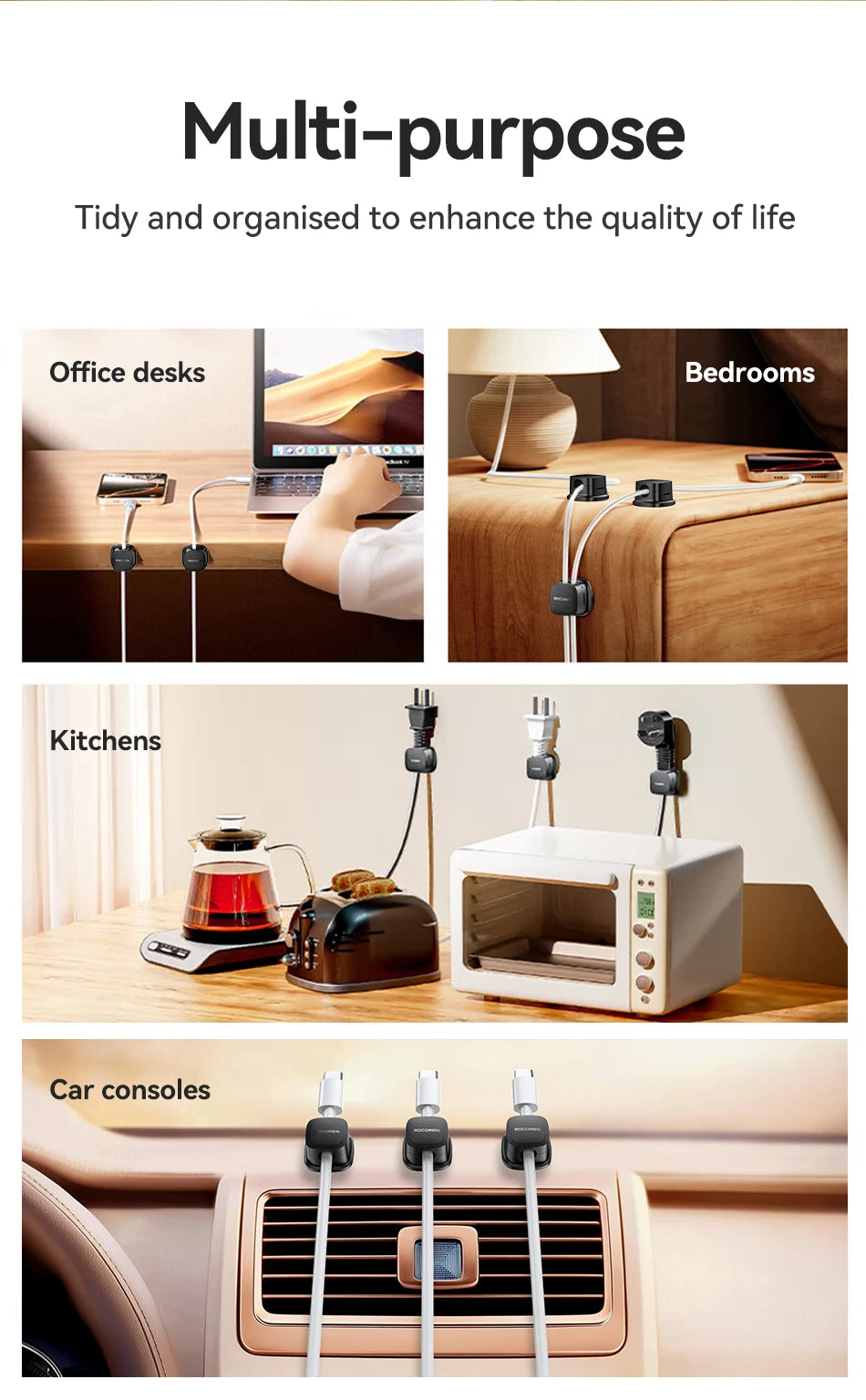 ROCOREN Magnetic Cable Organizer Self Adhesive Wire Holder Under Desk Adjustable Cable Management Wire Keeper Cable Holder Clips 6-30PCS