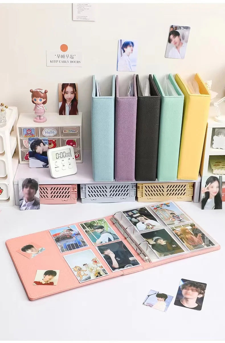 PU Leather Photo Card Macaroon Binder 3 Ring A5 Glitter Cover Kpop Polaroid Photo Album Postcard Collect Book 2 4 Pocket Sleeves