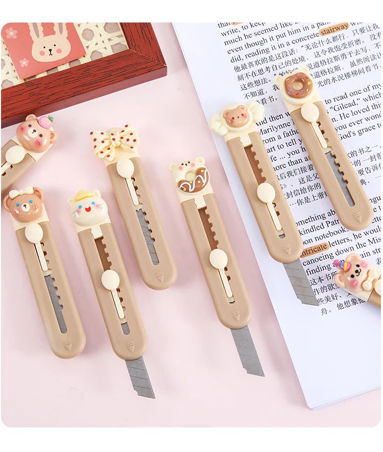 1 Piece Cartoon Utility Knife for Student Cute Fashion Box Cutter Small Portable Kawaii Beige Coffee Color Letter Opener Office