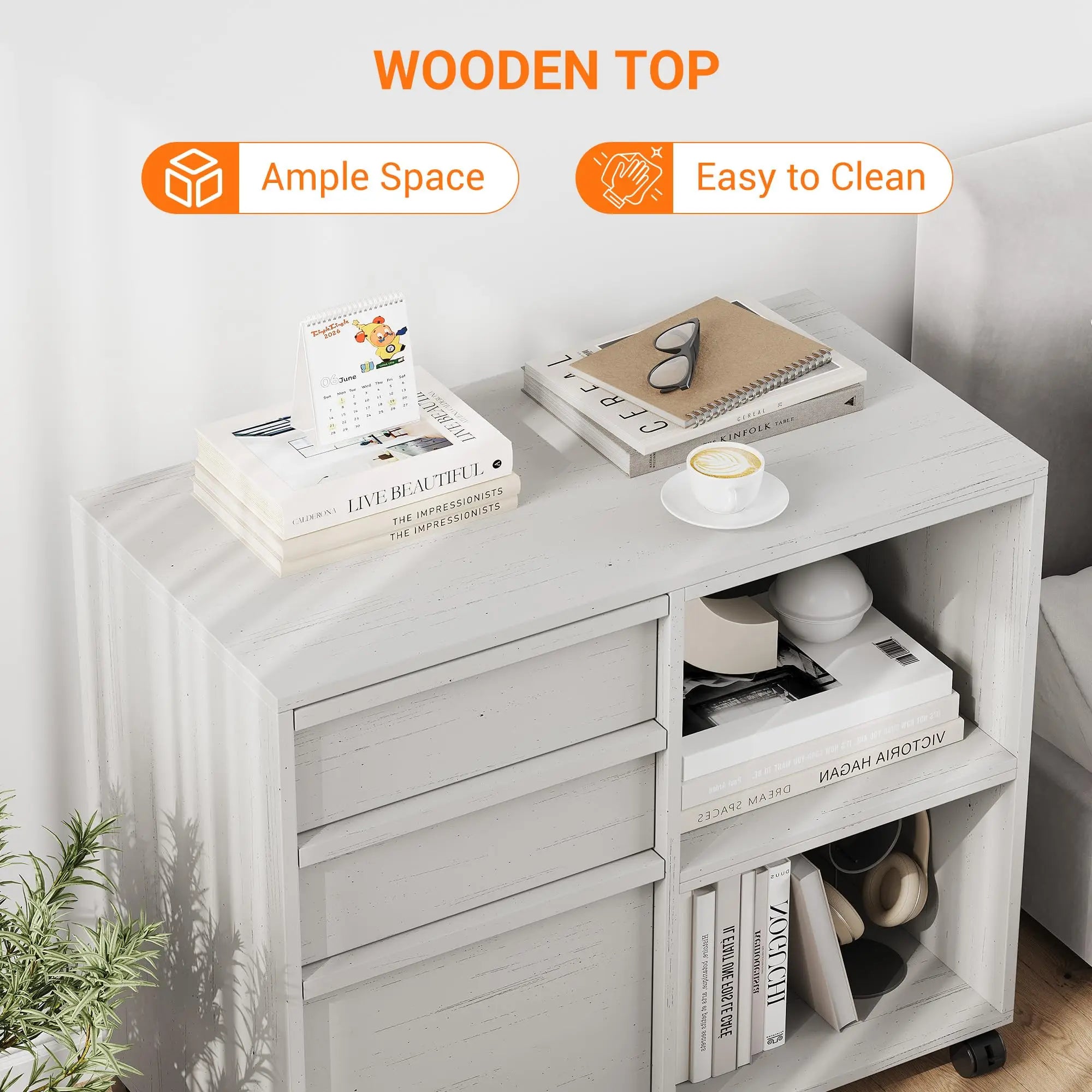 3 Drawer File Cabinet with Open Shelves, Rolling Lateral Filing Cabinet for Letter/A4, Mobile Wood Printer Stand on Wheels, Home Office Storage Organizer