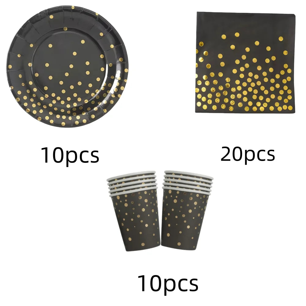 Black Gold Birthday Party Decorations Tableware Paper Plates Cups Napkin Tablecloth for Adult Kids Happy Birthday Party Supplies