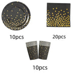 Black Gold Birthday Party Decorations Tableware Paper Plates Cups Napkin Tablecloth for Adult Kids Happy Birthday Party Supplies