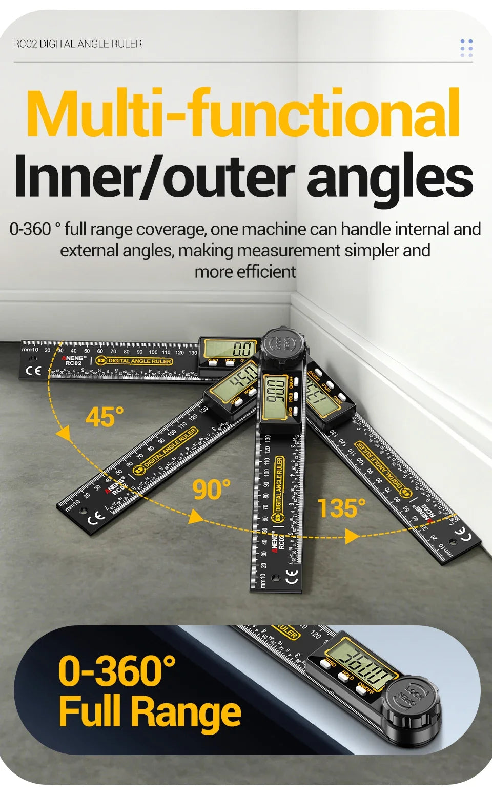 ANENG RC02 Digital Gauge Angle Goniometer Electronic Protractor Smart Inclinometer Angle Woodworking Tool Angle Finde 360°