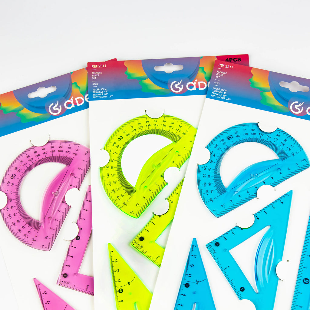 30cm Transparent Soft Ruler Set - 4 Pieces, Multi-Color with Triangle and Protractor, Ideal for Measuring and Drawing