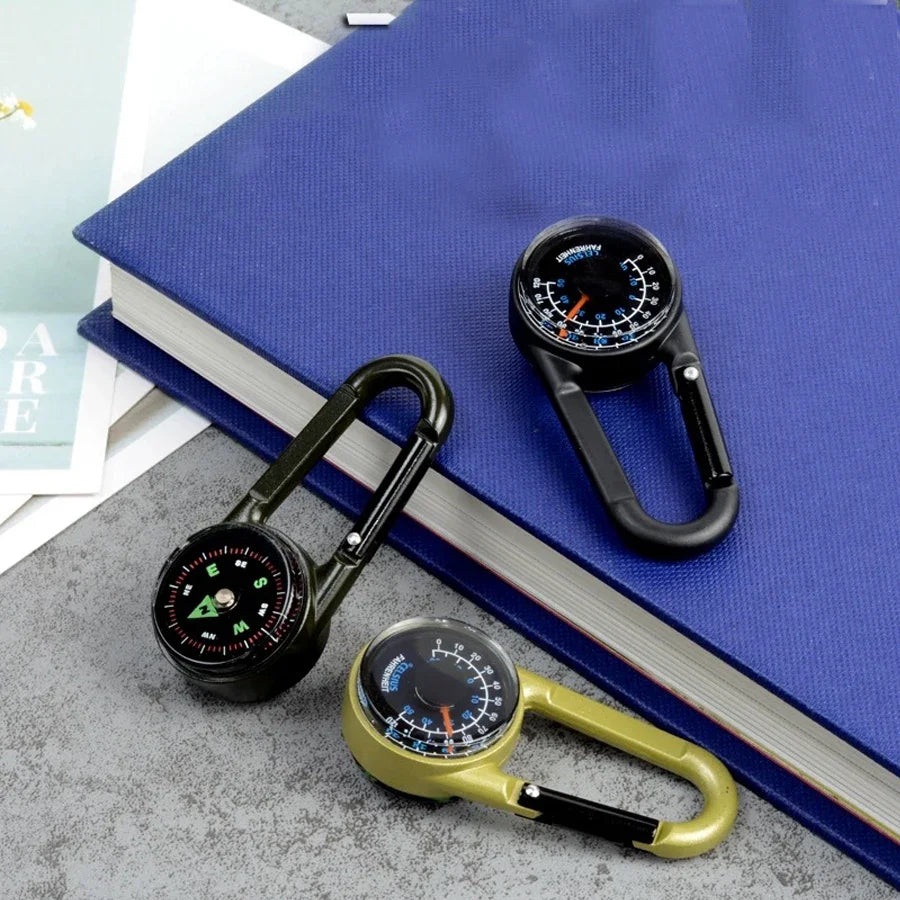 1 Pc Compass Thermometer Carabiner 3 in 1 Mini Compass Carabiner Clip Outdoor Hiking Survival Key Ring Double Sided Metal