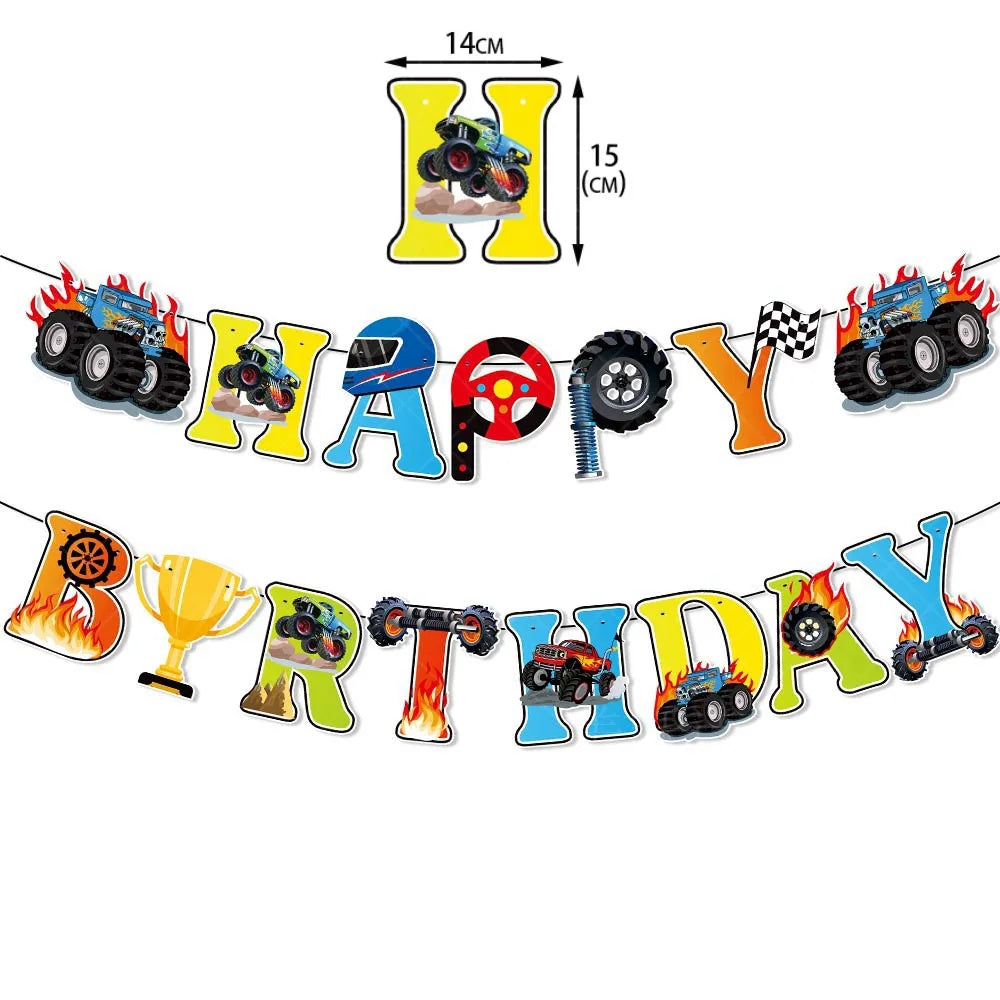Monster Truck Party Supplies Disposable Tableware Plates Napkin Banner Tablecloth for Kids Boys 2nd Birthday Party Decorations