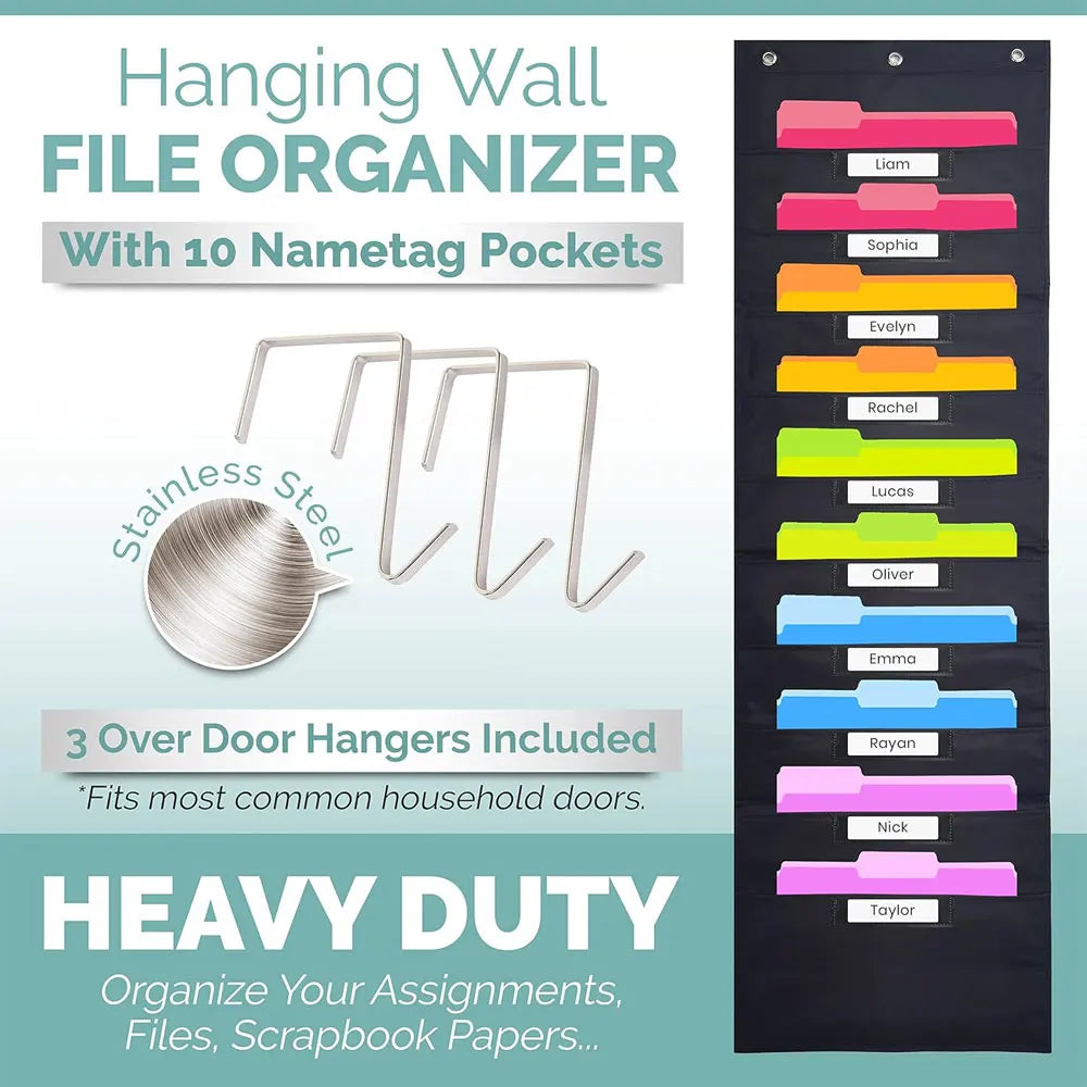 10 Pocket All Black Hangable File Organizer with 3 Hooks for Easy Storage of Files, Test Papers, Scrapbook Papers and More.