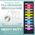 10 Pocket All Black Hangable File Organizer with 3 Hooks for Easy Storage of Files, Test Papers, Scrapbook Papers and More.