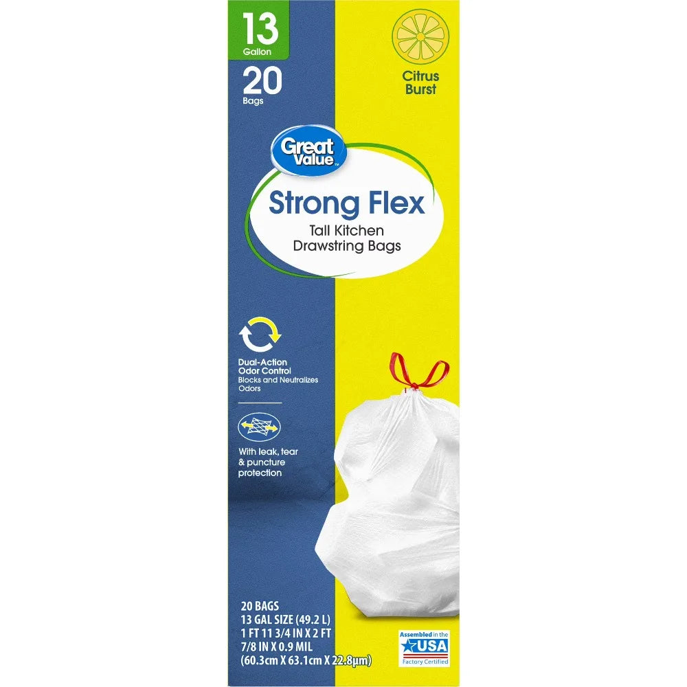 13 Gallon Tall Kitchen Trash Bags Drawstring Citrus Scented 20 Count Strong and Flexible