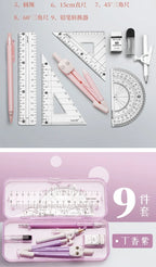 Compasses and Rulers 9-piece Set Kawaii Triangle Ruler Ruler Student Set Ruler Multi-functional Mathematical Drawing Compass Set