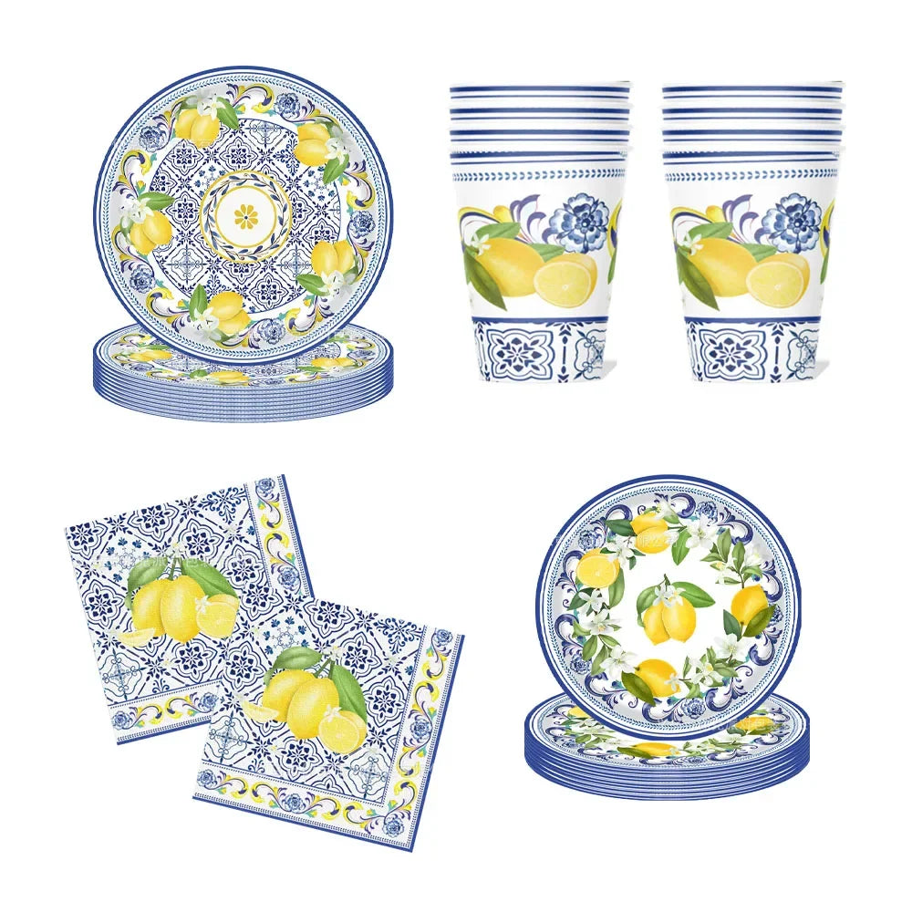 Lemon Birthday Decoration Sicilian Lemon Paper Plates Cups Napkins Tablecloth Banners Spiral Baptism Dolce Vita Party Supplies