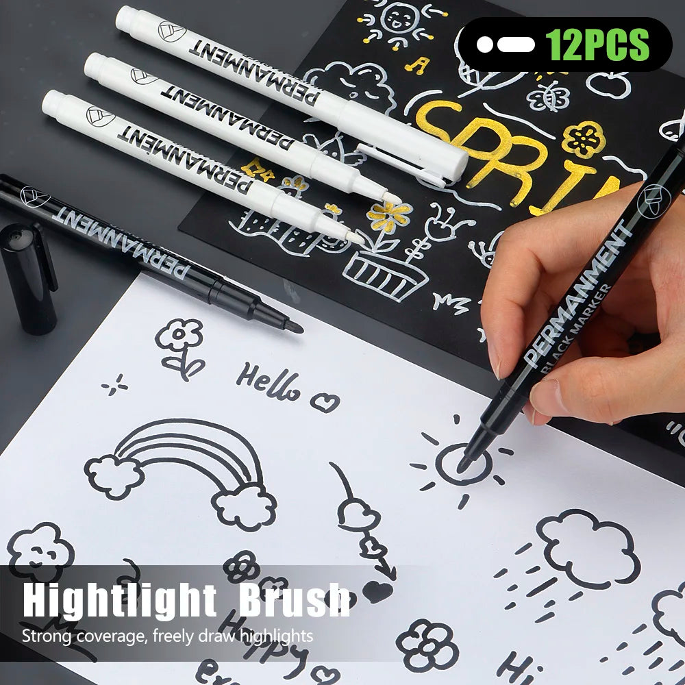 3/6/12 Pcs Waterproof Marker Pen White Black Inks  2mm Tip For Rock Painting Stone Ceramic Glass Wood Tire Fabric Metal Canvas