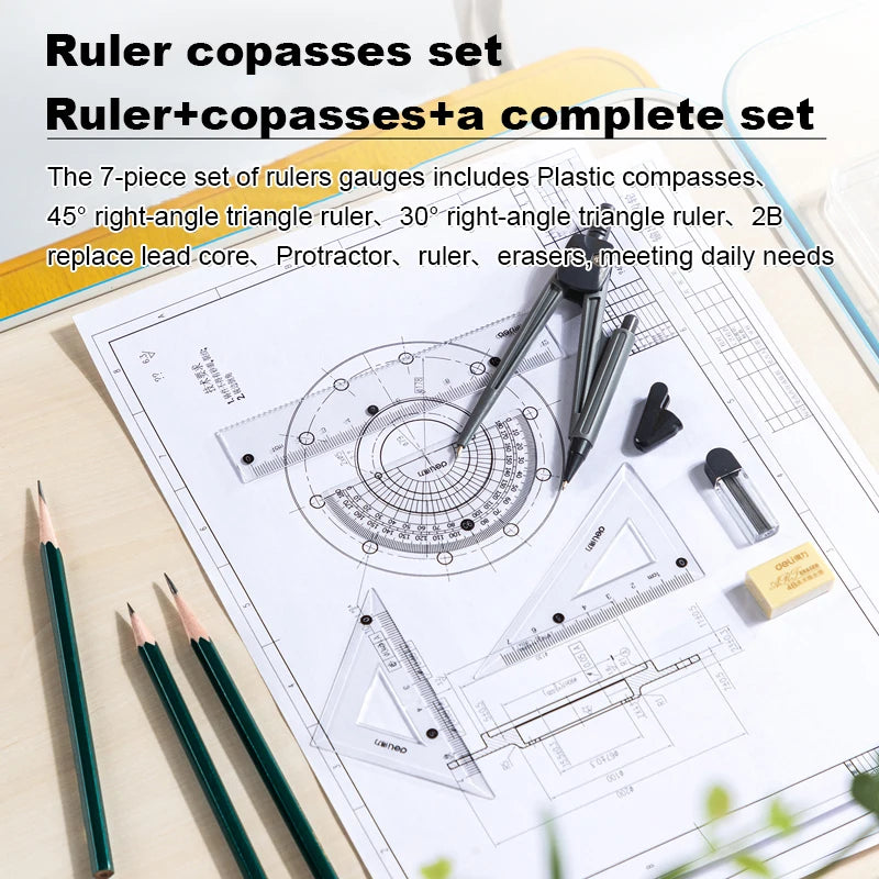 Deli Compass Set Mathematical Drawing Set Tool Professional Multifunctional Ruler School Supplies 7pcs/Set Drafting Set