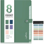8 Pocket Expanding Accordion File Organizer | Letter Size Dark Green Folder | Portable Document Storage With Classification Labels