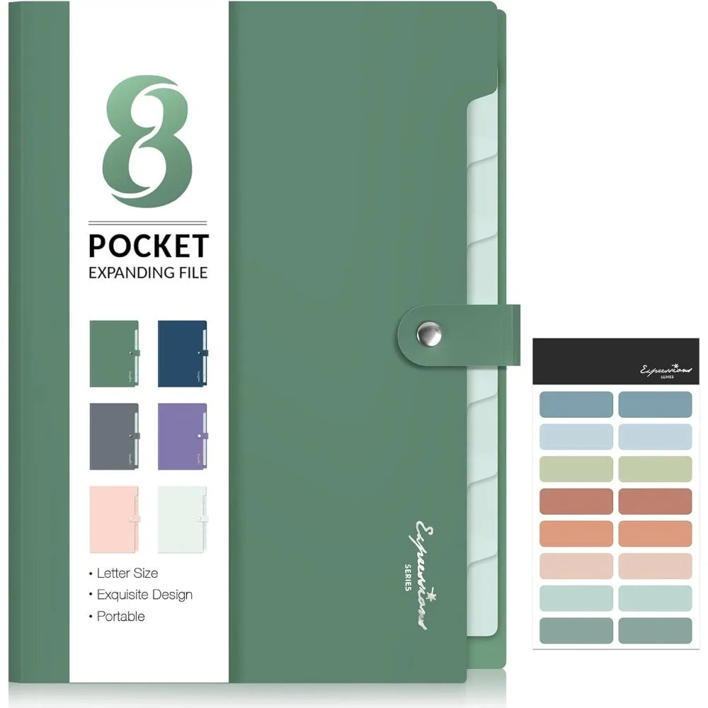 8 Pocket Expanding Accordion File Organizer | Letter Size Dark Green Folder | Portable Document Storage With Classification Labels