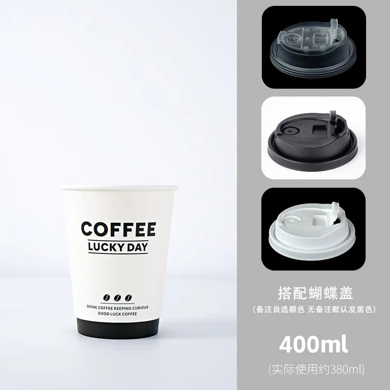 50pcs Thick Double-layer Coffee Paper Cup Disposable 90mm Caliber Hot Drink Leak Proof with Lid Shop Takeaway Paper Cups