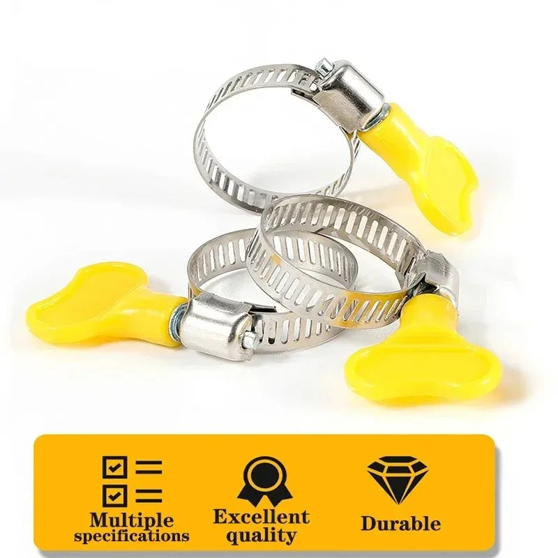 5 pcs 8-44mm Adjustable Yellow Plastic Handle Hand Twist Hose Clamps Worm Driving Stainless Steel Pipe Clips For Tube