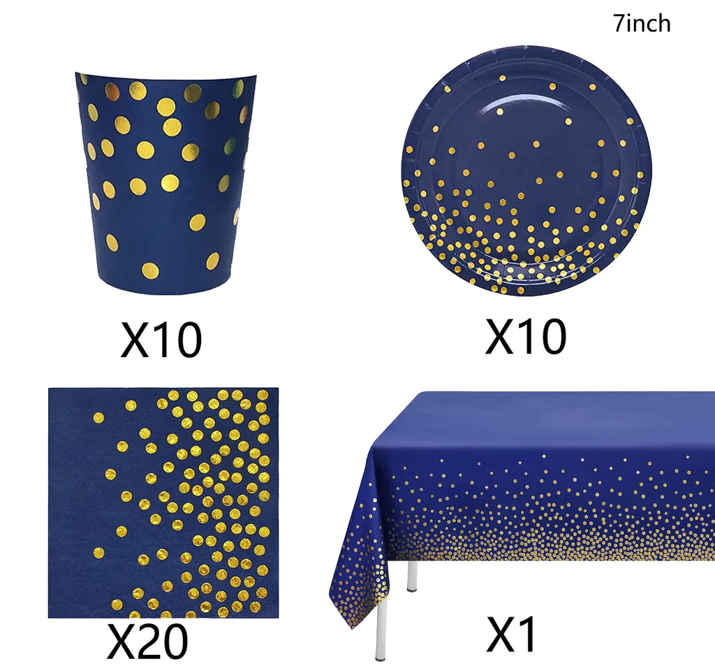 Navy Blue Gold Party Decorations Blue and Gold Disposable Tableware Set Paper Plates Cups Napkin Tablecloth Wedding Anniversary