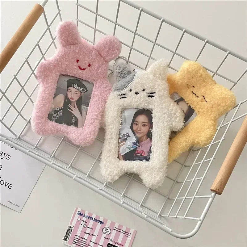 ID Card Holder Keychains kawaii Cartoon Plush Photocard Holder Korean Desk Accessories Kpop Stationery Idol Display Stand
