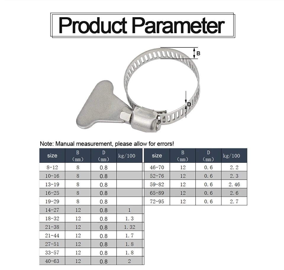 JUIDINTO 2-10pcs Worm Gear Hose Clamp 6-95mm Adjustable Key Clamp Hose Clip Stainless Steel for Water Pipe Automotive Mechanical
