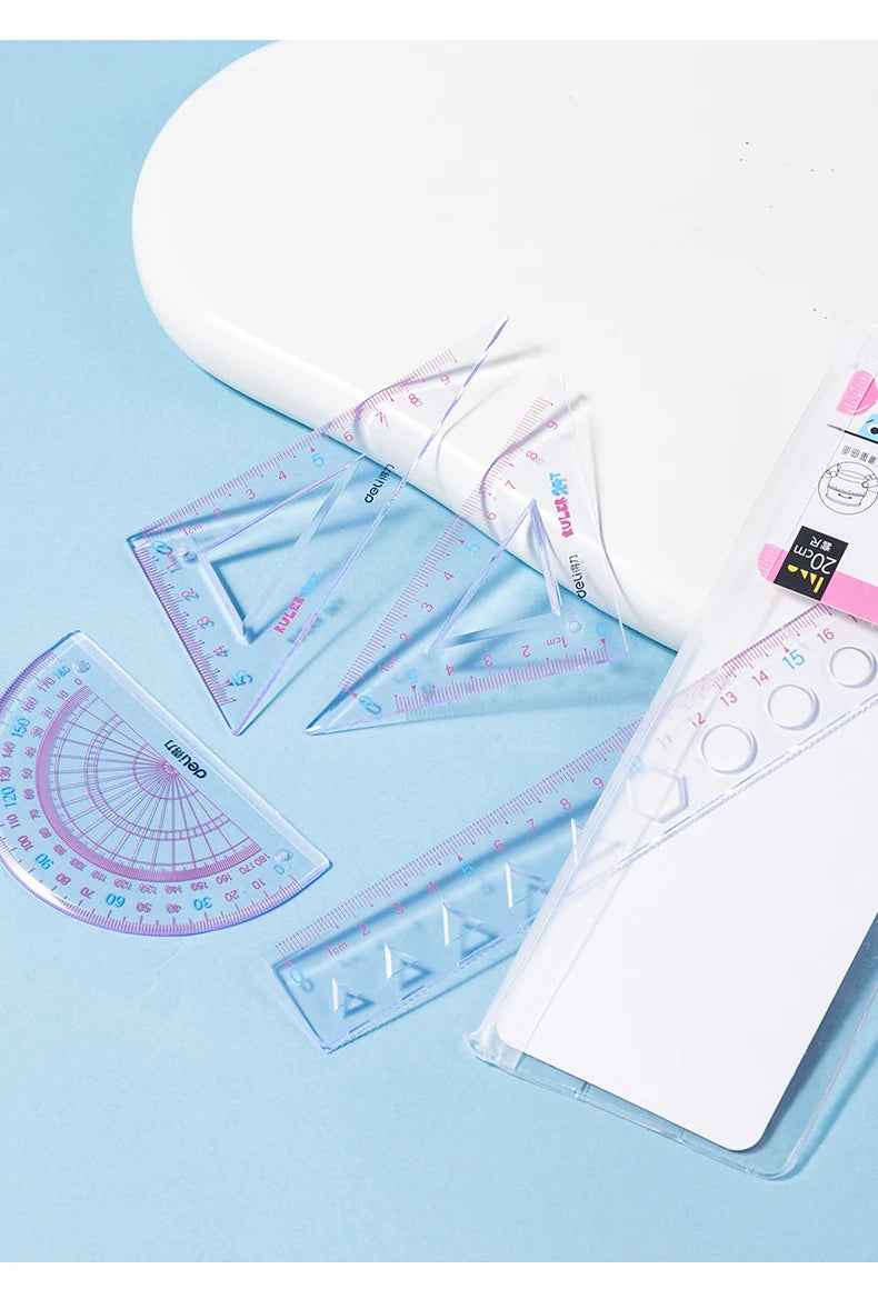 Deli 4pcs/set Transparent Soft Ruler Flexible Straight Triangle Rulers Protractor for Home Office Drawing Maths Measuring Tool