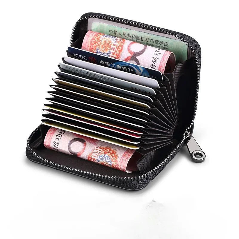 Multi Slot Card Holder Vintage Small Wallet Women Men Business Bank Credit Card Bag Male Coin Pouch Solid Leather Zipper Wallet