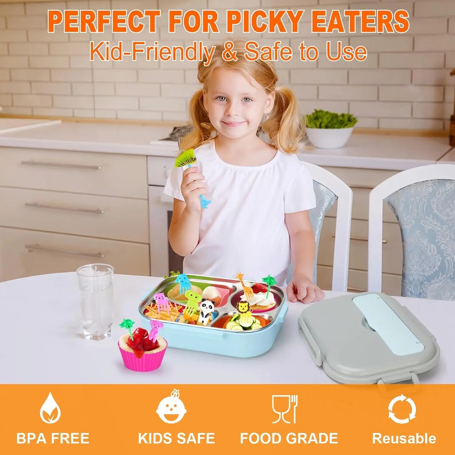 Kids Lunch Bento Box Accessories with Silicone Cupcake Liners for Baking and Small Animal Food Toothpicks Fruit Forks